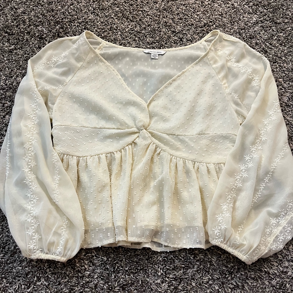 American Eagle Outfitters Cream Blouse With Embroidered Sleeves